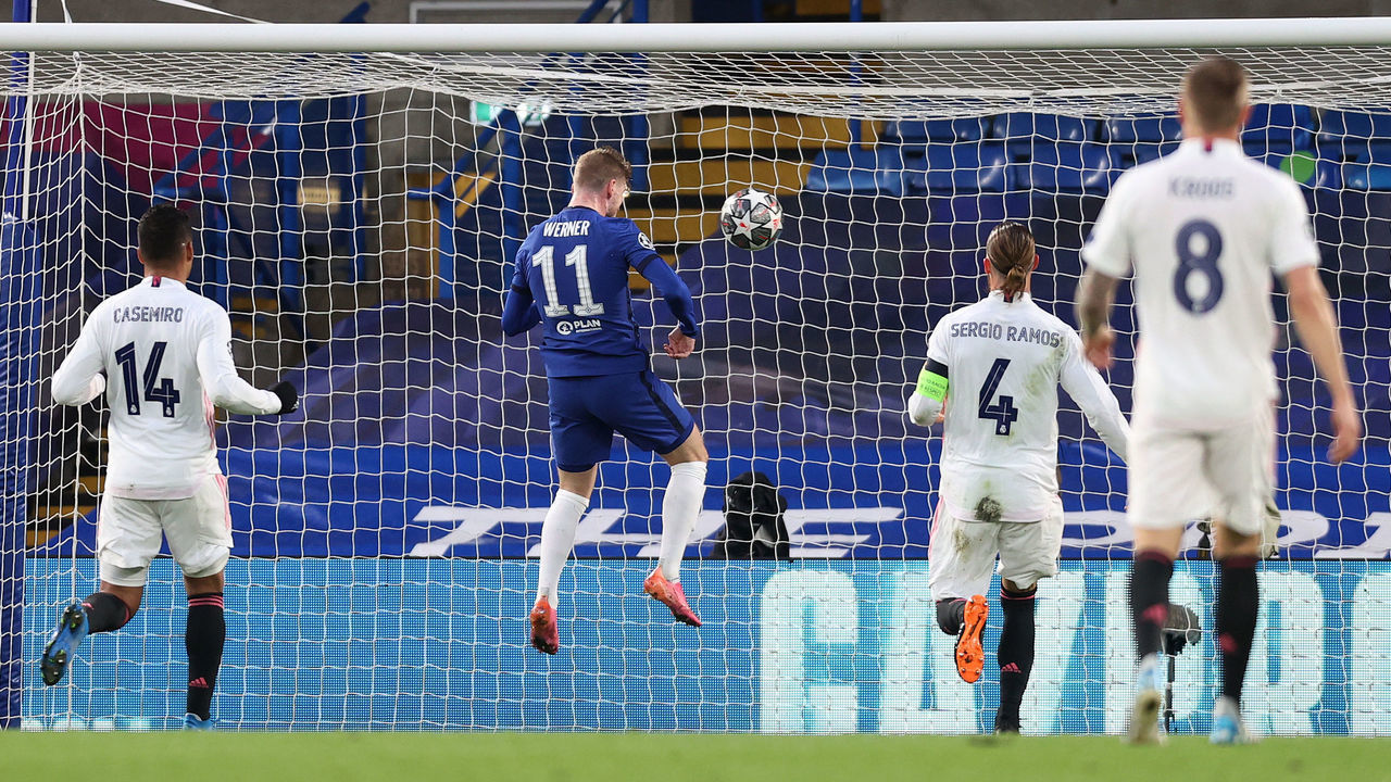 LONDON, ENGLAND - MAY 05: Timo Werner of Chelsea scores his team's first goal during the UEFA Champions League Semi Final Second Leg match between Chelsea and Real Madrid at Stamford Bridge on May 05, 2021 in London, England. Sporting stadiums around Europe remain under strict restrictions due to the Coronavirus Pandemic as Government social distancing laws prohibit fans inside venues resulting in games being played behind closed doors.