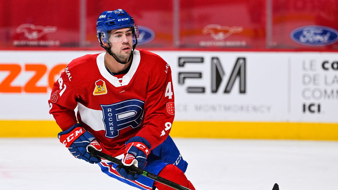 MONTREAL, QC - FEBRUARY 12: Look on Laval Rocket center Ryan Poehling (41) at warm-up before the Belleville Senators versus the Laval Rocket game on February 12, 2021, at Bell Centre in Montreal, QC
