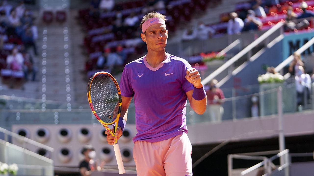 MADRID, SPAIN - MAY 06: Rafael Nadal of Spain celebrates a point in his round of 16 match against Alexei Popyrin of Australia on day eight of the Mutua Madrid Open tennis tournament at La Caja Magica on May 06, 2021 in Madrid, Spain.