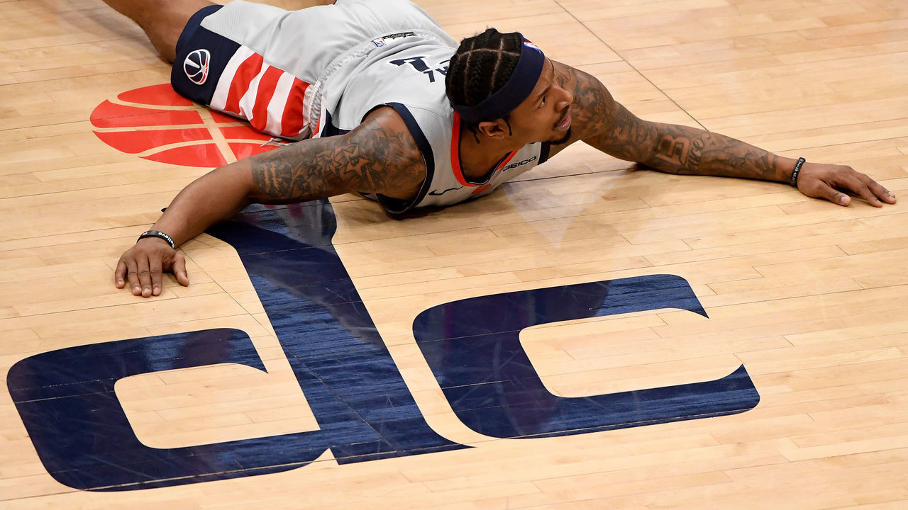 WASHINGTON, DC - APRIL 25: Bradley Beal #3 of the Washington Wizards reacts after a play against the Cleveland Cavaliers during the first half at Capital One Arena on April 25, 2021 in Washington, DC.