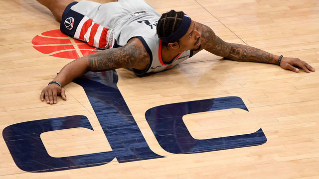 WASHINGTON, DC - APRIL 25: Bradley Beal #3 of the Washington Wizards reacts after a play against the Cleveland Cavaliers during the first half at Capital One Arena on April 25, 2021 in Washington, DC.