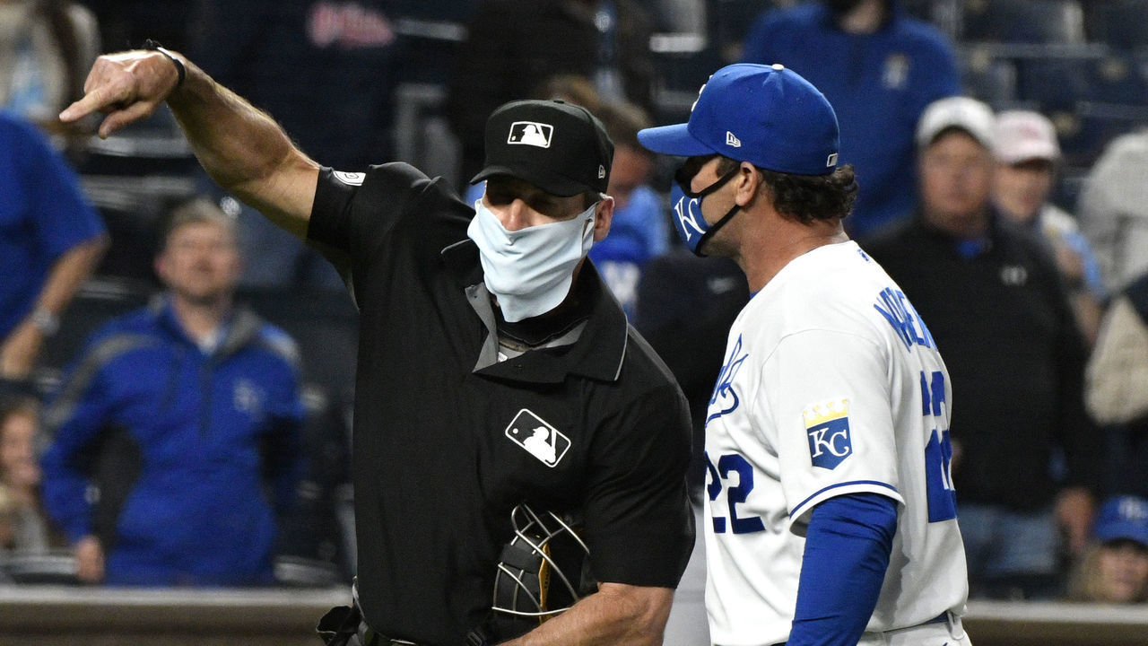 KANSAS CITY, MISSOURI - MAY 05: Manager Mike Matheny #22 of the Kansas City Royals is ejected from the game by home plate umpire Angel Hernandez in the sixth inning during a game against the Cleveland Indians at Kauffman Stadium on May 05, 2021 in Kansas City, Missouri.