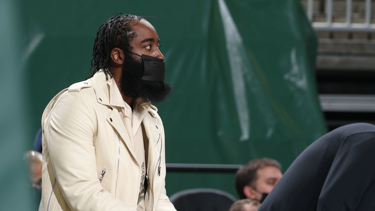 MILWAUKEE, WI - MAY 2: James Harden #13 of the Brooklyn Nets looks on during the game against the Milwaukee Bucks on May 2, 2021 at the Fiserv Forum Center in Milwaukee, Wisconsin. Mandatory Copyright Notice: Copyright 2021 NBAE .