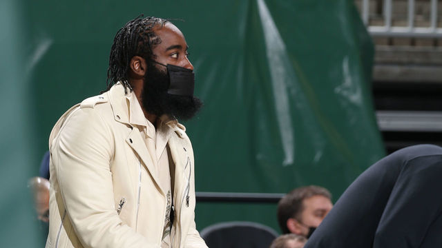 MILWAUKEE, WI - MAY 2: James Harden #13 of the Brooklyn Nets looks on during the game against the Milwaukee Bucks on May 2, 2021 at the Fiserv Forum Center in Milwaukee, Wisconsin. Mandatory Copyright Notice: Copyright 2021 NBAE .