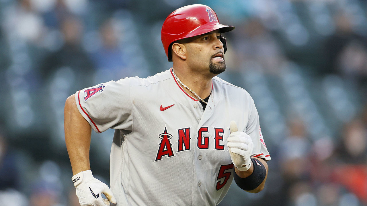 SEATTLE, WASHINGTON - APRIL 30: Albert Pujols #5 of the Los Angeles Angels at bat against the Seattle Mariners at T-Mobile Park on April 30, 2021 in Seattle, Washington.