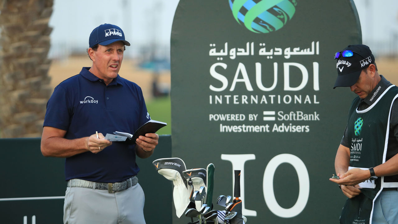 KING ABDULLAH ECONOMIC CITY, SAUDI ARABIA - JANUARY 31: Phil Mickelson of the United States of America looks on during Day 2 of the Saudi International at Royal Greens Golf and Country Club on January 31, 2020 in King Abdullah Economic City, Saudi Arabia.