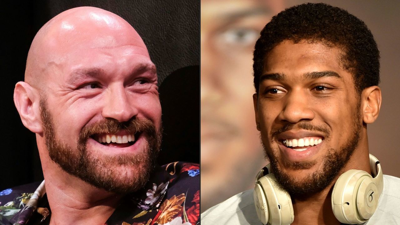 (COMBO) This combination of pictures created on December 14, 2020 shows Boxer Tyson Fury (L) during a press conference in Los Angeles, California on January 25, 2020, and British heavyweight boxer Anthony Joshua during a press conference in Ad Diriyah, a Unesco-listed heritage site, outside Riyadh, on December 4, 2019. - Anthony Joshua's promoter Eddie Hearn says a deal for his man to fight Tyson Fury in an all-British world heavyweight unification bout in 2021 could take as little as two days to complete. Plans for a "Battle of Britain" have accelerated after Joshua, 31, stopped Bulgarian veteran Kubrat Pulev in the ninth round at Wembley Arena on December 12 to retain all three of his belts. (Photos by RINGO CHIU and FAYEZ NURELDINE / AFP)