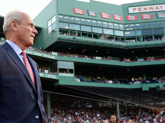BOSTON, MA - MAY 20: President & CEO Emeritus Larry Lucchino looks on during a Red Sox Hall of Fame Class of 2016 ceremony before a game between the Boston Red Sox and the Cleveland Indians on May 20, 2016 at Fenway Park in Boston, Massachusetts.