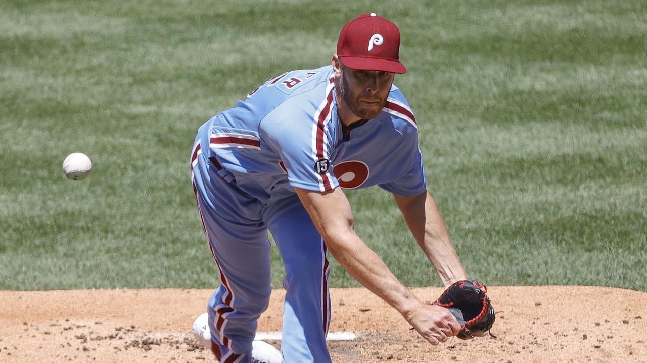 PHILADELPHIA, PENNSYLVANIA - MAY 06: Zack Wheeler #45 of the Philadelphia Phillies pitches during the second inning against the Milwaukee Brewers at Citizens Bank Park on May 06, 2021 in Philadelphia, Pennsylvania.