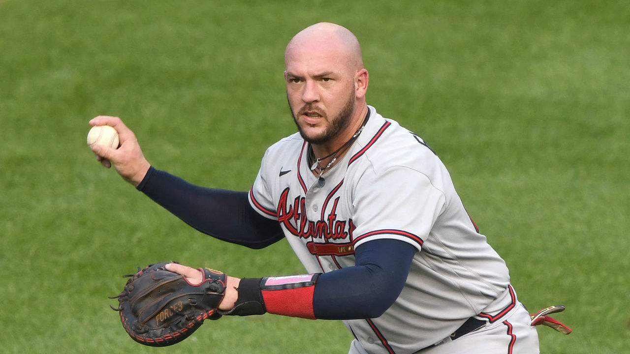 WASHINGTON, DC - SEPTEMBER 12: Tyler Flowers #25 of the Atlanta Braves warms up before a baseball game against the Washington Nationals at Nationals Park on September 12, 2020 in Washington, DC.
