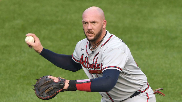 WASHINGTON, DC - SEPTEMBER 12: Tyler Flowers #25 of the Atlanta Braves warms up before a baseball game against the Washington Nationals at Nationals Park on September 12, 2020 in Washington, DC.