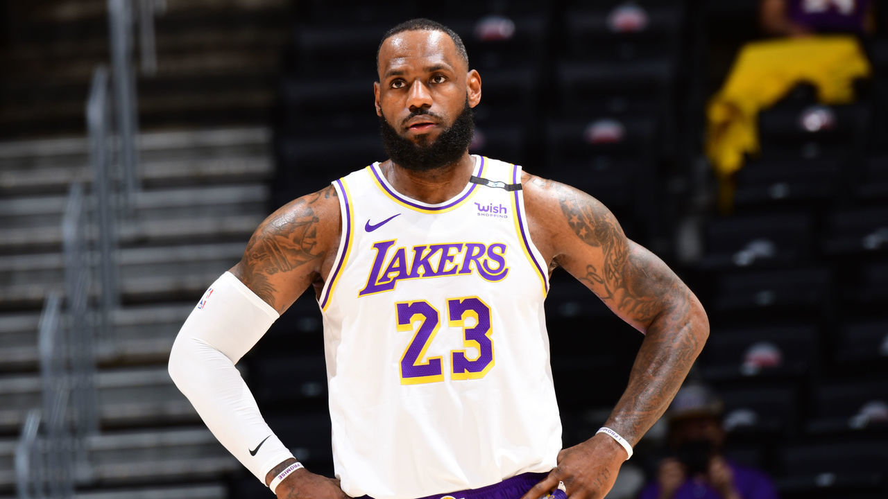 LOS ANGELES, CA - MAY 2: LeBron James #23 of the Los Angeles Lakers looks on during the game against the Toronto Raptors on May 2, 2021 at STAPLES Center in Los Angeles, California. NOTE TO USER: User expressly acknowledges and agrees that, by downloading and/or using this Photograph, user is consenting to the terms and conditions of the Getty Images License Agreement. Mandatory Copyright Notice: Copyright 2021 NBAE