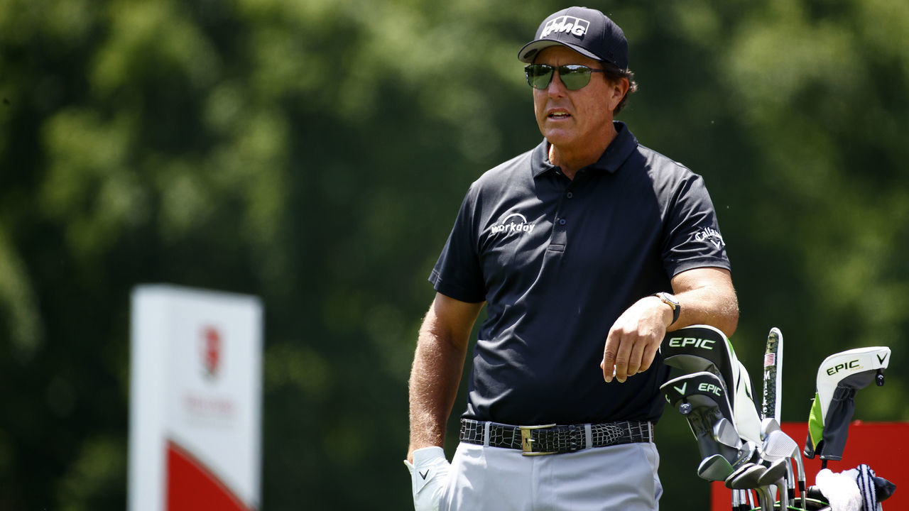 CHARLOTTE, NORTH CAROLINA - MAY 06: Phil Mickelson of the United States waits on the 13th tee during the first round of the 2021 Wells Fargo Championship at Quail Hollow Club on May 06, 2021 in Charlotte, North Carolina.