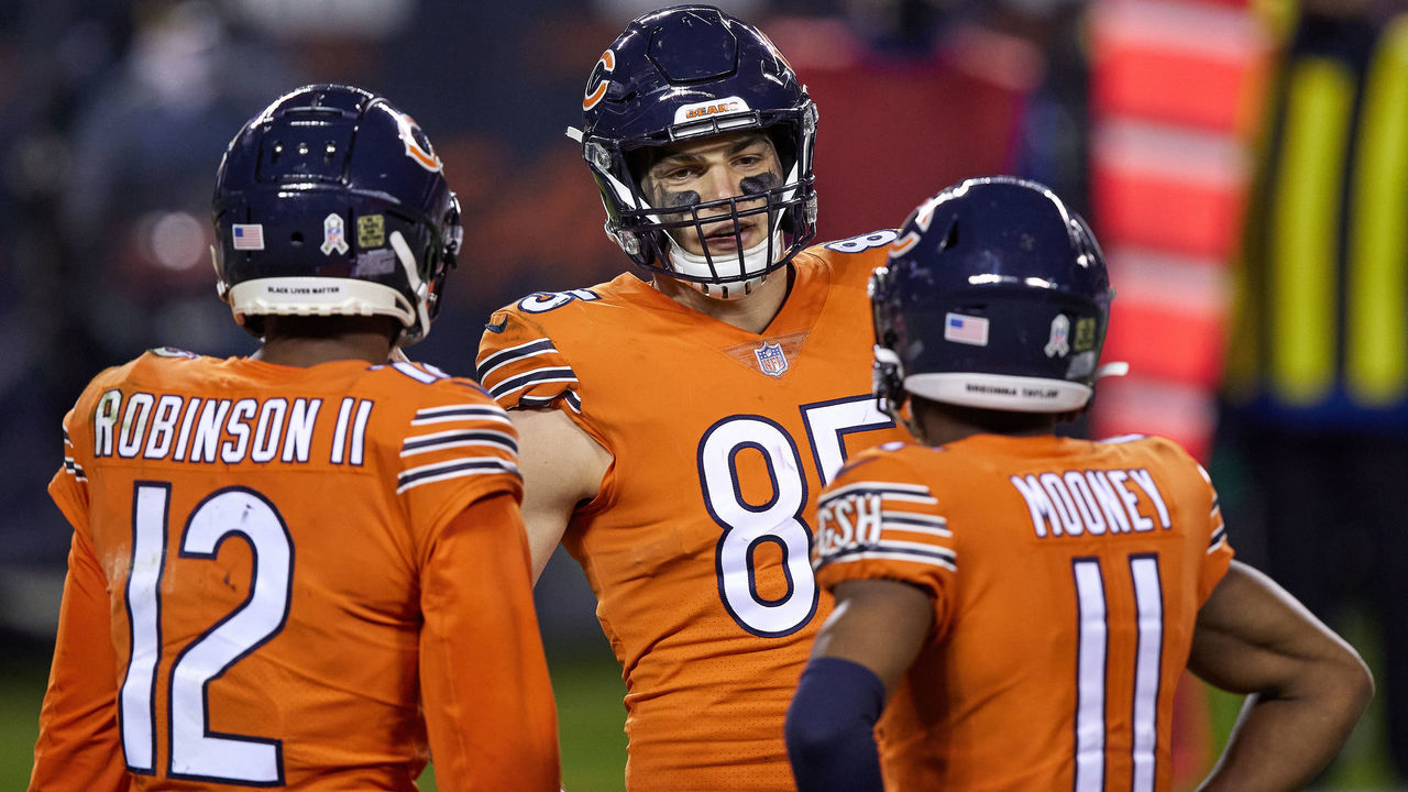 CHICAGO, IL - NOVEMBER 16: Chicago Bears tight end Cole Kmet (85) chats with Chicago Bears wide receiver Allen Robinson (12) and Chicago Bears wide receiver Darnell Mooney (11) in action during a NFL game between the Minnesota Vikings and the Chicago Bears on November 16, 2020 at Soldier Field, in Chicago, IL.