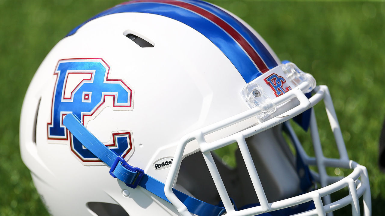 September 10, 2016: Presbyterian Blue Hose helmet on the sideline during the game between Presbyterian College and UT Chattanooga. Chattanooga defeats Presbyterian 34 - 0 at Finley Stadium in Chattanooga, TN.