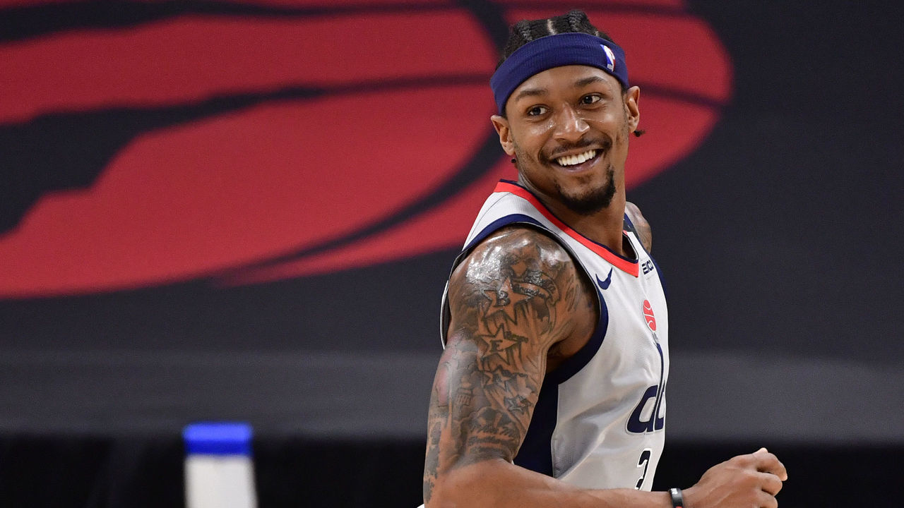TAMPA, FLORIDA - MAY 06: Bradley Beal #3 of the Washington Wizards reacts during the third quarter against the Toronto Raptors at Amalie Arena on May 06, 2021 in Tampa, Florida.