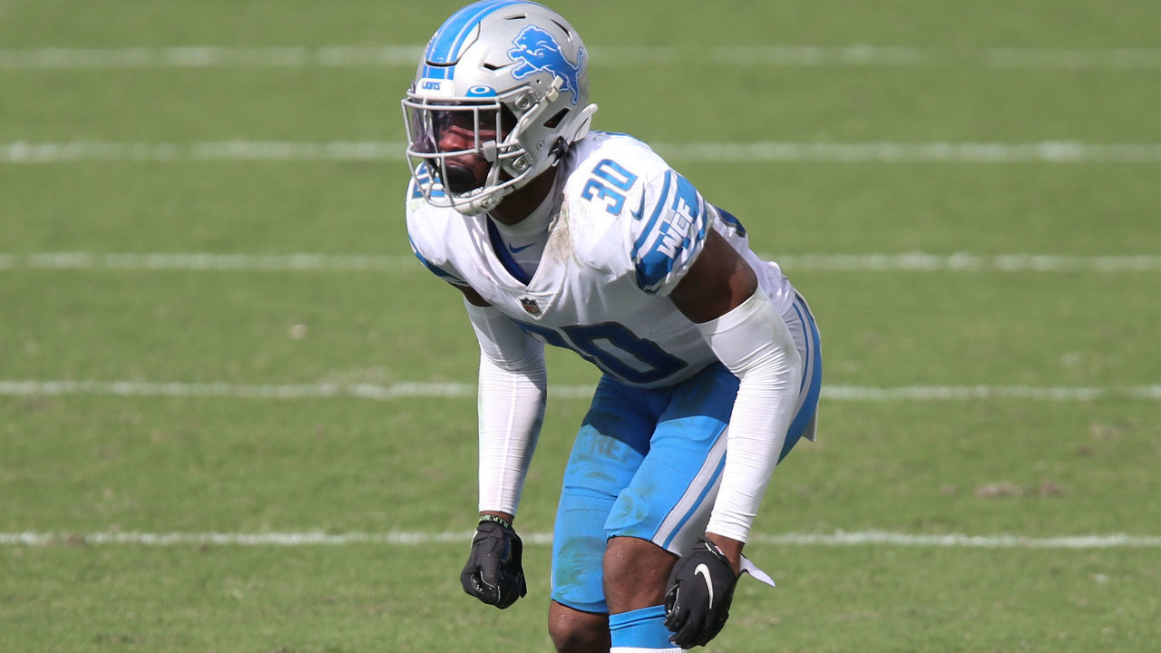 JACKSONVILLE, FL - OCTOBER 18: Detroit Lions Cornerback Jeff Okudah (30) during the game between the Detroit Lions and the Jacksonville Jaguars on October 18, 2020 at TIAA Bank Field in Jacksonville, Fl.