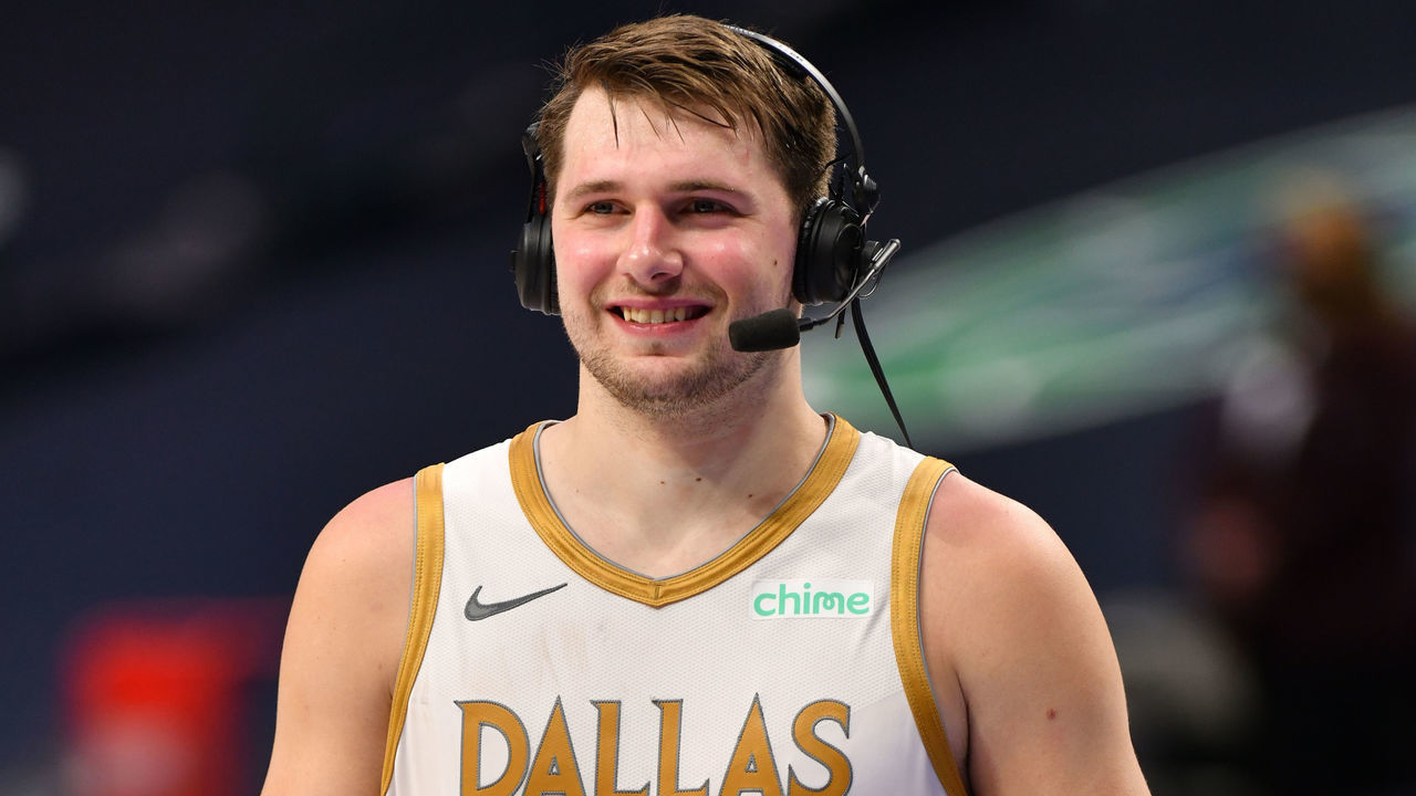 DALLAS, TX - MAY 6: Luka Doncic #77 of the Dallas Mavericks is interviewed after the game against the Brooklyn Nets on May 6, 2021 at the American Airlines Center in Dallas, Texas. Mandatory Copyright Notice: Copyright 2021 NBAE