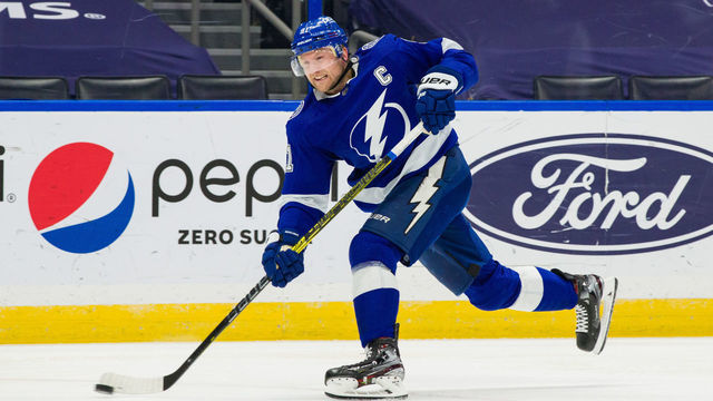 TAMPA, FL - APRIL 1: Steven Stamkos #91 of the Tampa Bay Lightning takes a slapshot against the Columbus Blue Jackets during the third period at Amalie Arena on April 1, 2021 in Tampa, Florida.