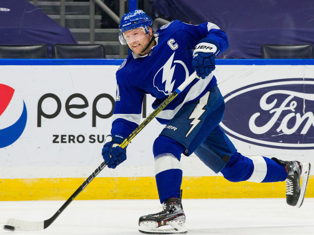 TAMPA, FL - APRIL 1: Steven Stamkos #91 of the Tampa Bay Lightning takes a slapshot against the Columbus Blue Jackets during the third period at Amalie Arena on April 1, 2021 in Tampa, Florida.