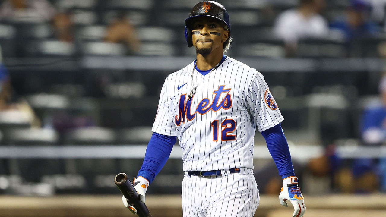 NEW YORK, NEW YORK - APRIL 28: Francisco Lindor #12 of the New York Mets reacts after striking out in the sixth inning against the Boston Red Sox at Citi Field on April 28, 2021 in New York City.