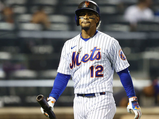 NEW YORK, NEW YORK - APRIL 28: Francisco Lindor #12 of the New York Mets reacts after striking out in the sixth inning against the Boston Red Sox at Citi Field on April 28, 2021 in New York City.
