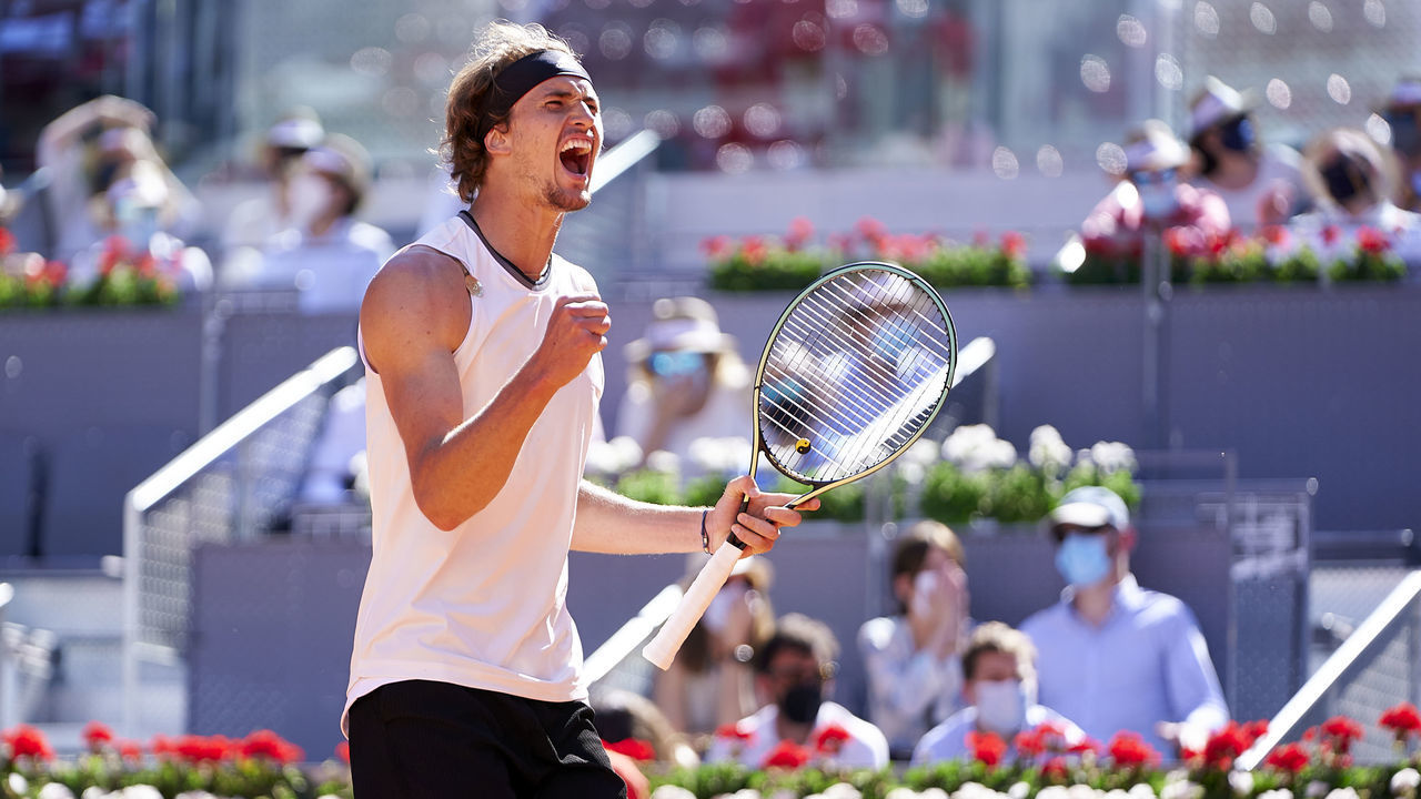 MADRID, SPAIN - MAY 07: Alexander Zverev of Germany celebrates a match point after winning in his Quarterfinals match against Rafael Nadal of Spain on day nine of the Mutua Madrid Open tennis tournament at La Caja Magica on May 07, 2021 in Madrid, Spain.