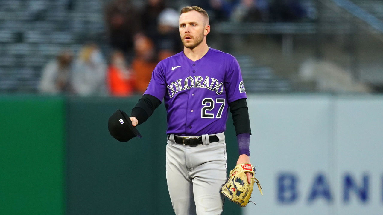 SAN FRANCISCO, CALIFORNIA - APRIL 27: Trevor Story #27 of the Colorado Rockies fields during the game against the San Francisco Giants at Oracle Park on April 27, 2021 in San Francisco, California.