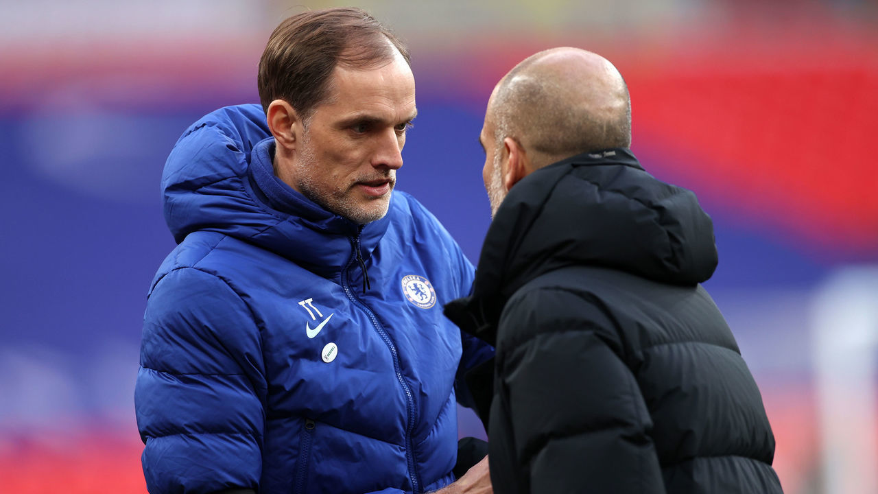 LONDON, ENGLAND - APRIL 17: Thomas Tuchel, Manager of Chelsea shakes hands with Pep Guardiola, Manager of Manchester City following the Semi Final of the Emirates FA Cup match between Manchester City and Chelsea FC at Wembley Stadium on April 17, 2021 in London, England. Sporting stadiums around the UK remain under strict restrictions due to the Coronavirus Pandemic as Government social distancing laws prohibit fans inside venues resulting in games being played behind closed doors.