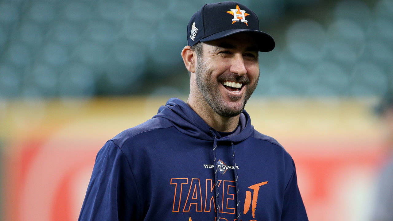 HOUSTON, TEXAS - OCTOBER 22: Justin Verlander #35 of the Houston Astros laughs during batting practice prior to Game One of the 2019 World Series against the Washington Nationals at Minute Maid Park on October 22, 2019 in Houston, Texas.