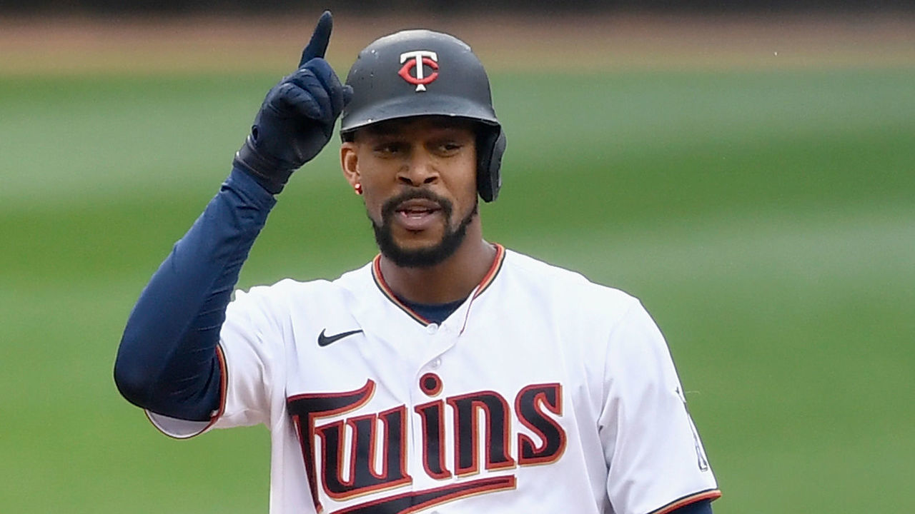 MINNEAPOLIS, MINNESOTA - MAY 02: Byron Buxton #25 of the Minnesota Twins celebrates hitting an RBI double against the Kansas City Royals during the sixth inning of the game at Target Field on May 2, 2021 in Minneapolis, Minnesota. The Twins defeated the Royals 13-4.