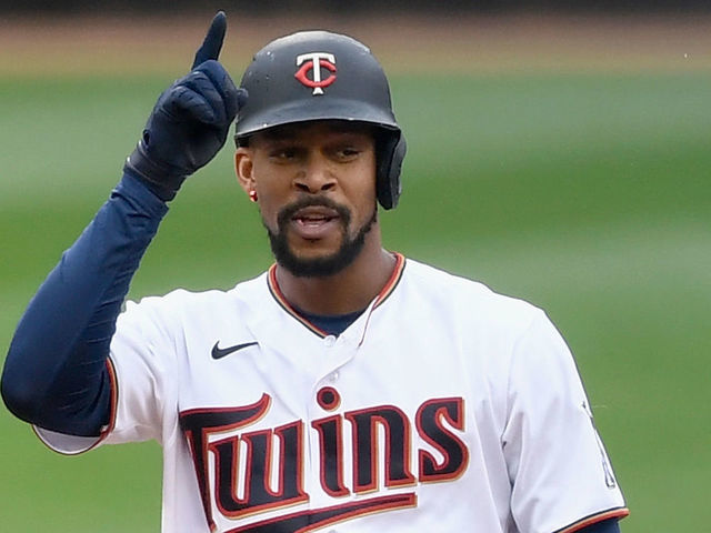 American League's Byron Buxton, of the Minnesota Twins, celebrates