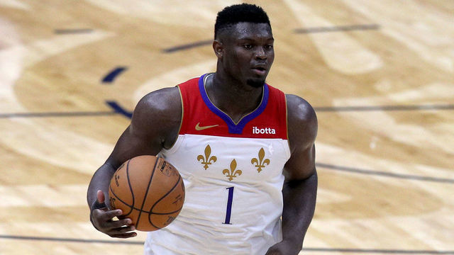 NEW ORLEANS, LOUISIANA - MAY 04: Zion Williamson #1 of the New Orleans Pelicans dribbles the ball downn court during the fourth quarter of an NBA game against the Golden State Warriors at Smoothie King Center on May 04, 2021 in New Orleans, Louisiana.