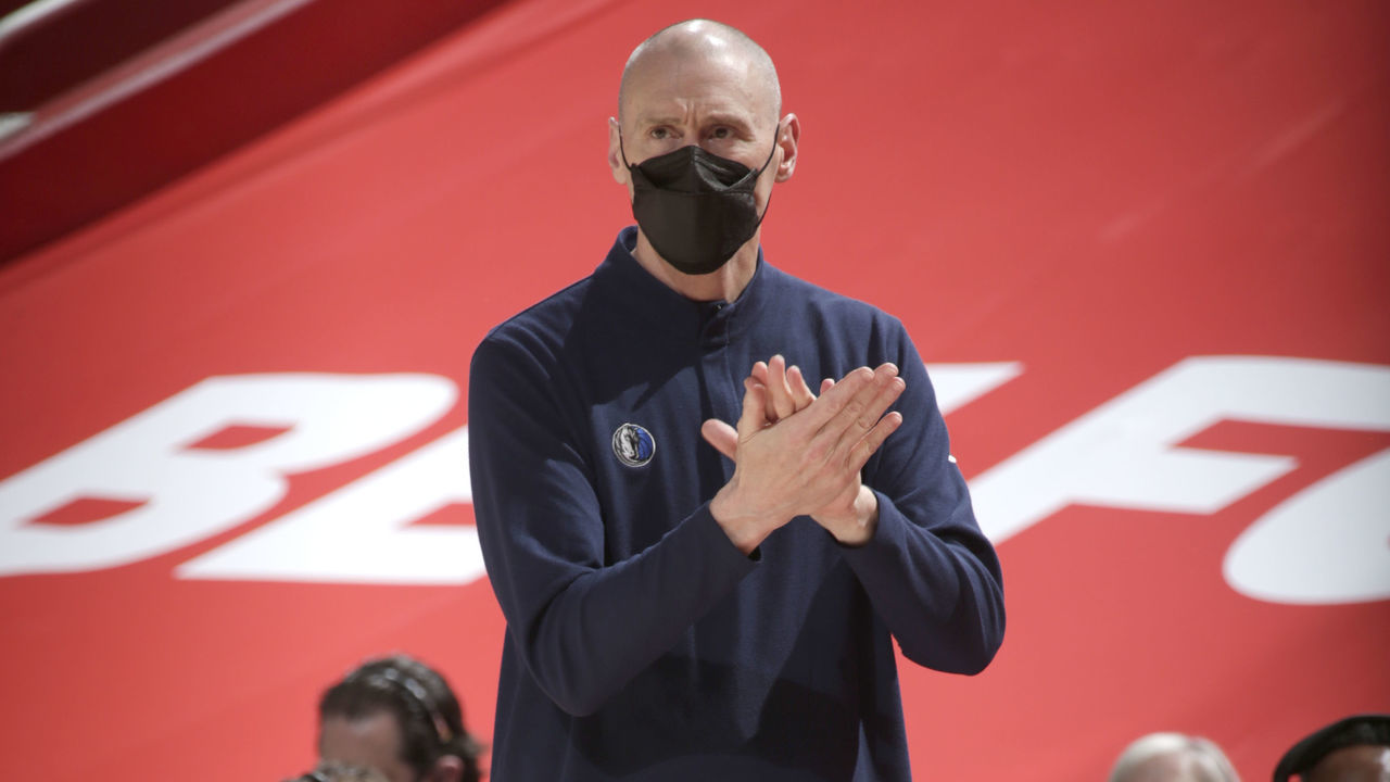 DETROIT, MI - APRIL 29: Head Coach Rick Carlisle of the Dallas Mavericks claps during the game against the Detroit Pistons on April 29, 2021 at Little Caesars Arena in Detroit, Michigan. NOTE TO USER: User expressly acknowledges and agrees that, by downloading and/or using this photograph, User is consenting to the terms and conditions of the Getty Images License Agreement. Mandatory Copyright Notice: Copyright 2021 NBAE