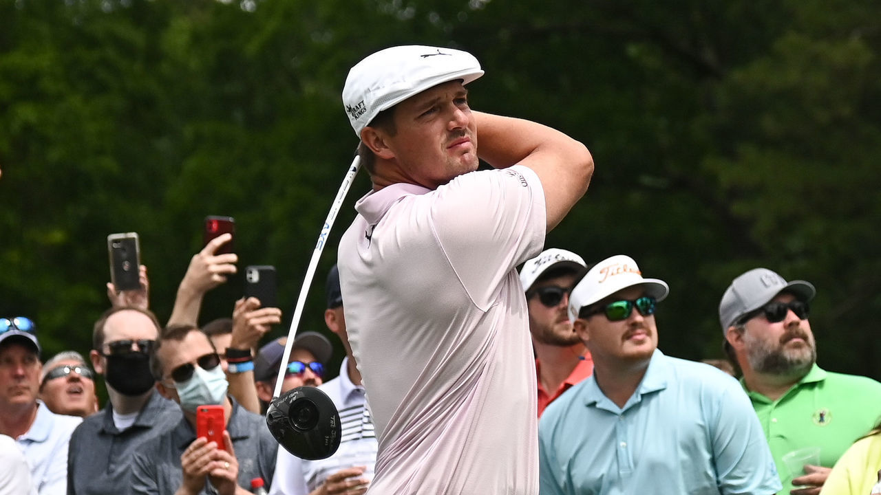 CHARLOTTE, NC - MAY 07: Bryson DeChambeau tees off on the eighth hole during the second round of the Wells Fargo Championship at Quail Hollow Club on May 7, 2021 in Charlotte, North Carolina.