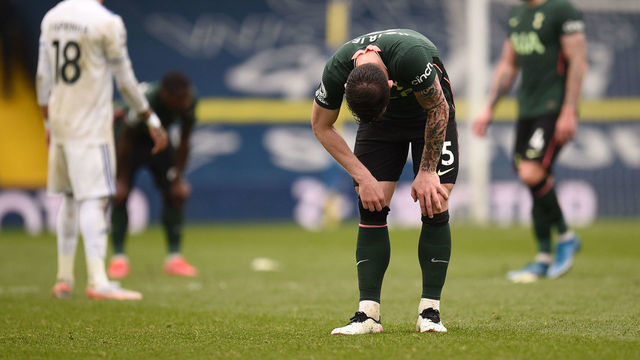 LEEDS, ENGLAND - MAY 08: Pierre-Emile Hojbjerg of Tottenham Hotspur looks dejected after the Premier League match between Leeds United and Tottenham Hotspur at Elland Road on May 08, 2021 in Leeds, England. Sporting stadiums around the UK remain under strict restrictions due to the Coronavirus Pandemic as Government social distancing laws prohibit fans inside venues resulting in games being played behind closed doors.