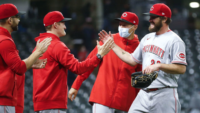 CLEVELAND, OH - MAY 07: Wade Miley #22 of the Cincinnati Reds celebrates with teammates after pitching a no-hitter against the Cleveland Indians at Progressive Field on May 07, 2021 in Cleveland, Ohio. The Reds defeated the Indians 3-0.