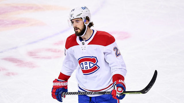 CALGARY, AB - APRIL 24: Montreal Canadiens Center Phillip Danault (24) skates during the third period of an NHL game where the Calgary Flames hosted the Montreal Canadiens on April 24, 2021, at the Scotiabank Saddledome in Calgary, AB.