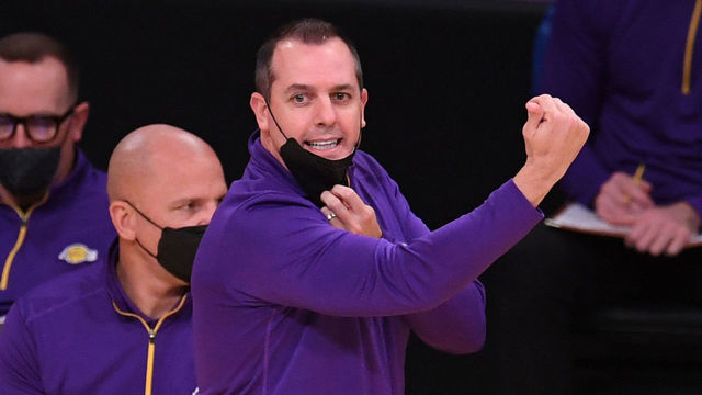 Los Angeles, CA - April 15: Frank Vogel of the Los Angeles Lakers reacts against the Boston Celtics in the first half of a NBA basketball game at the Staples Center in Los Angeles on Thursday, April 15, 2021.