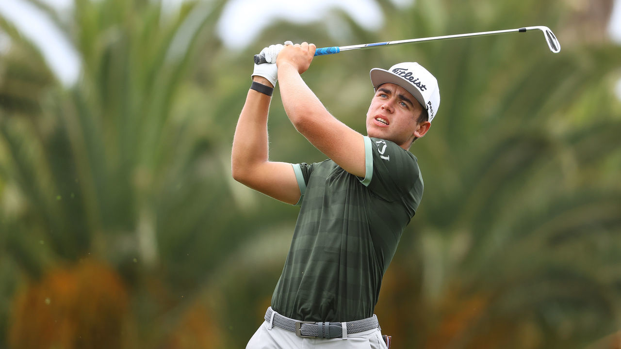 TENERIFE, SPAIN - MAY 08: Garrick Higgo of South Africa tees off on the 14th hole during the third round of the Canary Islands Championship at Golf Costa Adeje on May 08, 2021 in Tenerife, Spain.
