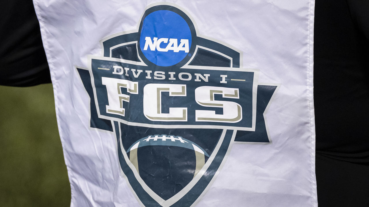 HARRISONBURG, VA - May 02: A view of the NCAA FCS logo on the sidelines during the second half of the NCAA Division I FCS Football Championship Quarterfinal game between the James Madison Dukes and the North Dakota Fighting Hawks at Bridgeforth Stadium on May 2, 2021 in Harrisonburg, Virginia.