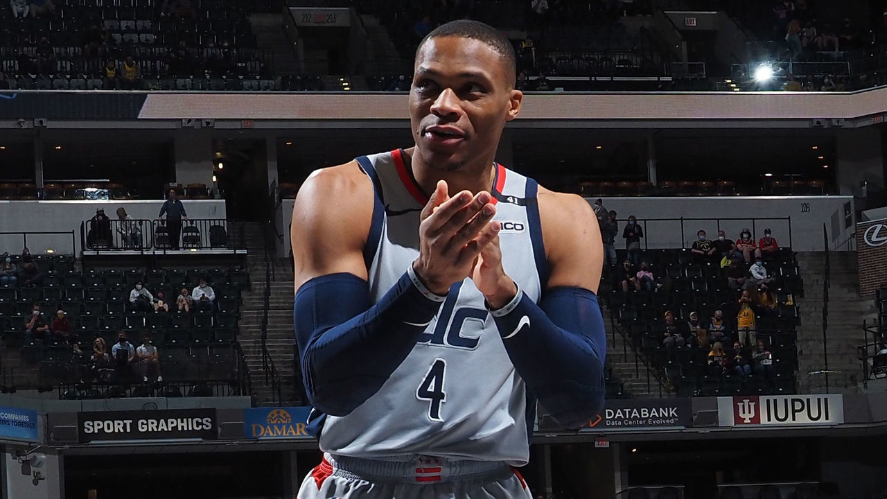 INDIANAPOLIS, IN - MAY 8: Russell Westbrook #4 of the Washington Wizards gets pumped before the game against the Indiana Pacers on May 8, 2021 at Bankers Life Fieldhouse in Indianapolis, Indiana. Mandatory Copyright Notice: Copyright 2021 NBAE