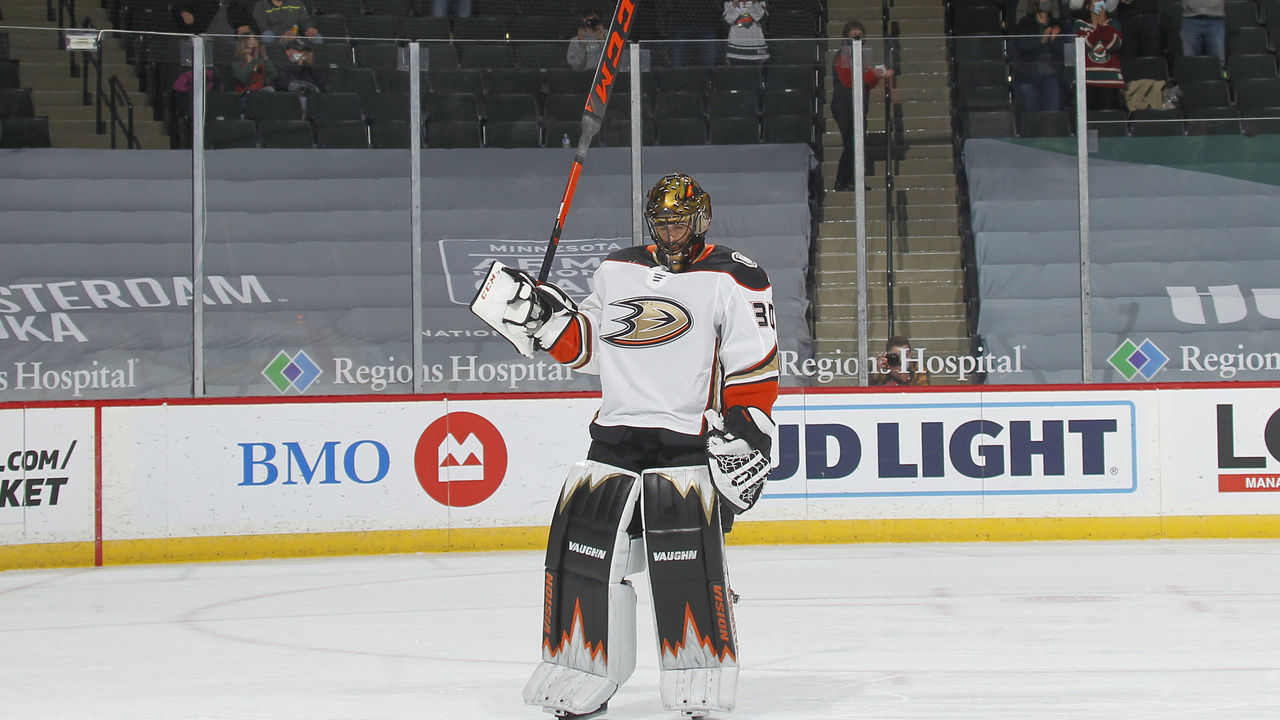 SAINT PAUL, MN - MAY 8: Ryan Miller #30 of the Anaheim Ducks is honored by the Minnesota Wild while playing in the final game of his NHL career Xcel Energy Center on May 8, 2021 in Saint Paul, Minnesota.
