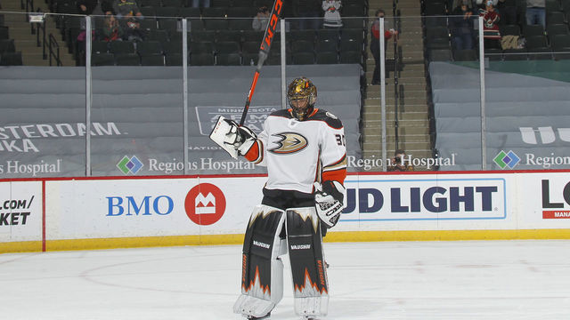 SAINT PAUL, MN - MAY 8: Ryan Miller #30 of the Anaheim Ducks is honored by the Minnesota Wild while playing in the final game of his NHL career Xcel Energy Center on May 8, 2021 in Saint Paul, Minnesota.