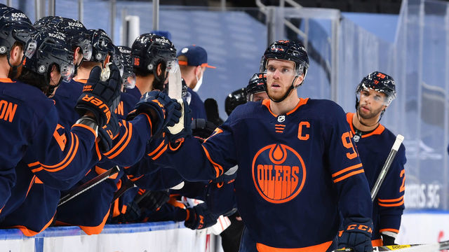 EDMONTON, AB - MAY 6: Connor McDavid #97 of the Edmonton Oilers celebrates after a goal during the game against the Vancouver Canucks on May 6, 2021 at Rogers Place in Edmonton, Alberta, Canada.