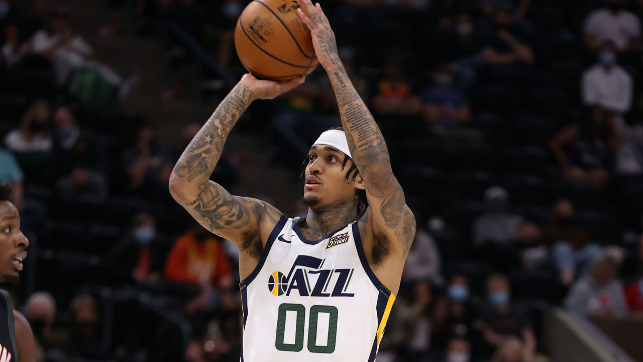 SALT LAKE CITY, UT - MAY 8: Jordan Clarkson #00 of the Utah Jazz shoots the ball during the game against the Houston Rockets on May 8, 2021 at vivint.SmartHome Arena in Salt Lake City, Utah. Mandatory Copyright Notice: Copyright 2021 NBAE