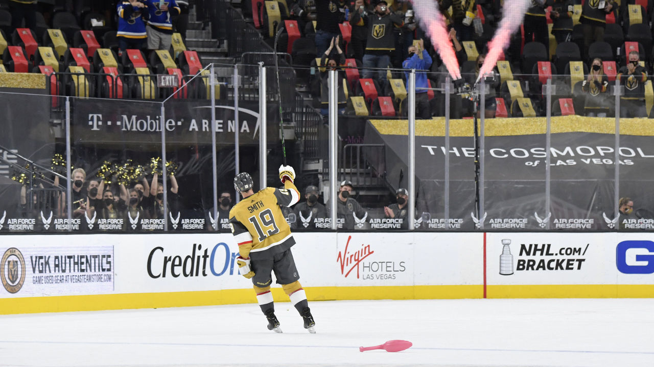 LAS VEGAS, NEVADA - MAY 08: Reilly Smith #19 of the Vegas Golden Knights salutes the fans after scoring a hat trick and being named the first start of the night against the St. Louis Blues at T-Mobile Arena on May 08, 2021 in Las Vegas, Nevada.