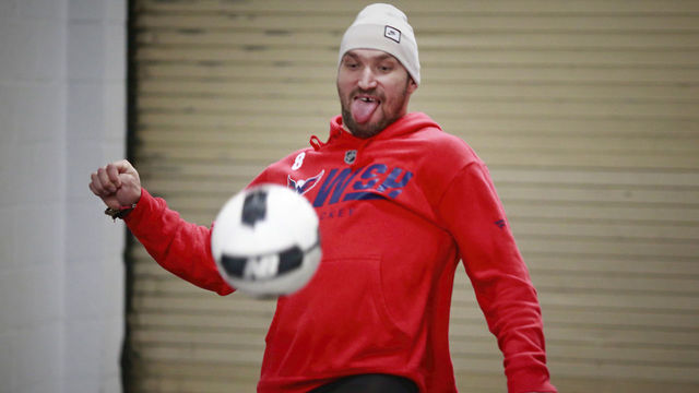 VANCOUVER, BC - OCTOBER 22: Alex Ovechkin #8 of the Washington Capitals plays soccer before their NHL game against the Vancouver Canucks at Rogers Arena October 22, 2018 in Vancouver, British Columbia, Canada. "n