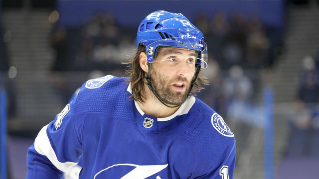 TAMPA, FL - MAY 07 Tampa Bay Lightning left wing Pat Maroon (14) during the NHL Hockey match between the Tampa Bay Lightning and Dallas Stars on May 7, 2021 at Amalie Arena in Tampa, FL.