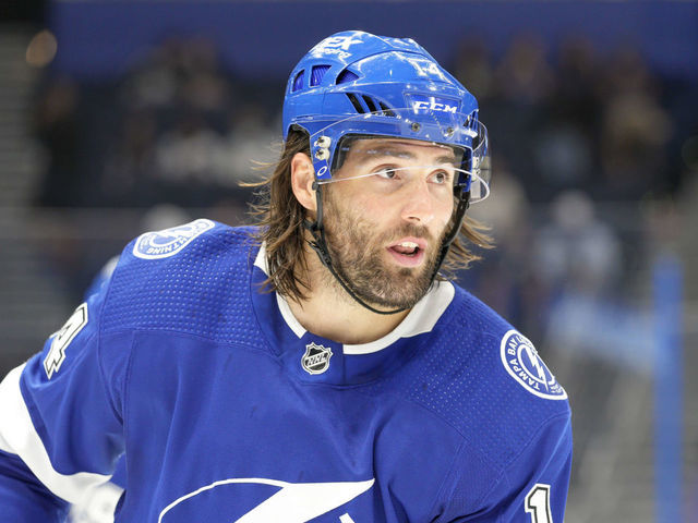 TAMPA, FL - MAY 07 Tampa Bay Lightning left wing Pat Maroon (14) during the NHL Hockey match between the Tampa Bay Lightning and Dallas Stars on May 7, 2021 at Amalie Arena in Tampa, FL.